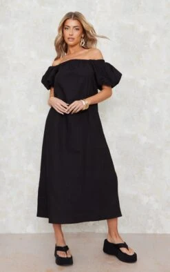 Robe Mi-longue Noire Tissée à Col Bardot Et Manches Bouffantes