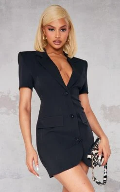 Robe Blazer Oversize Noire à Manches Courtes Et épaulettes